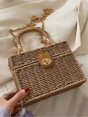 New SHIRALEAH Woven Rattan Box Handbag in Natural Tan